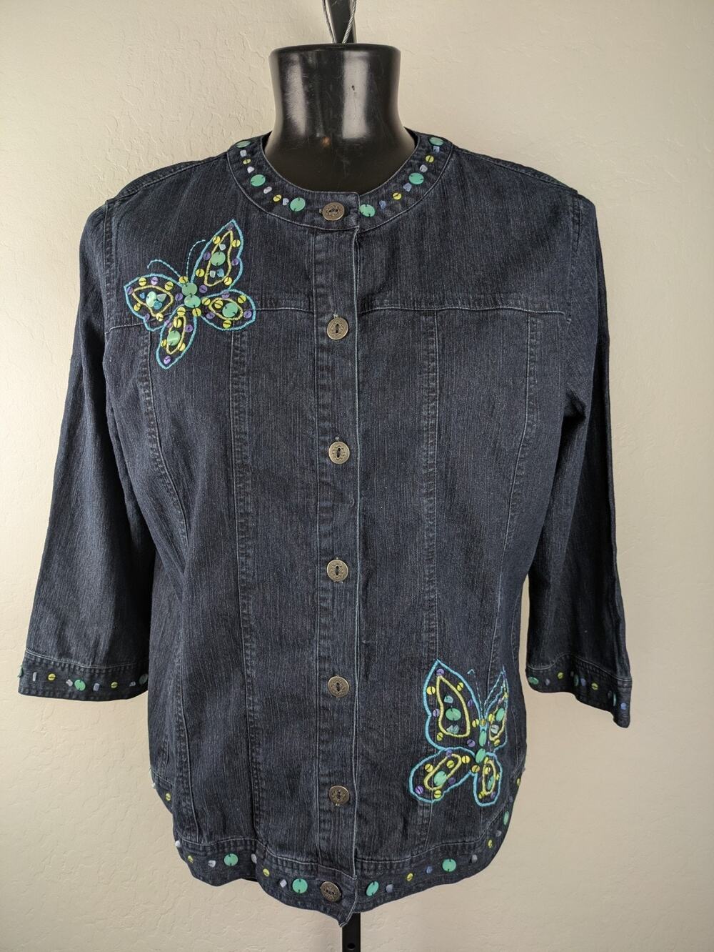 Alfred Dunner 16W Dark Wash Stretch Denim Jacket Butterfly Beaded Embroidered